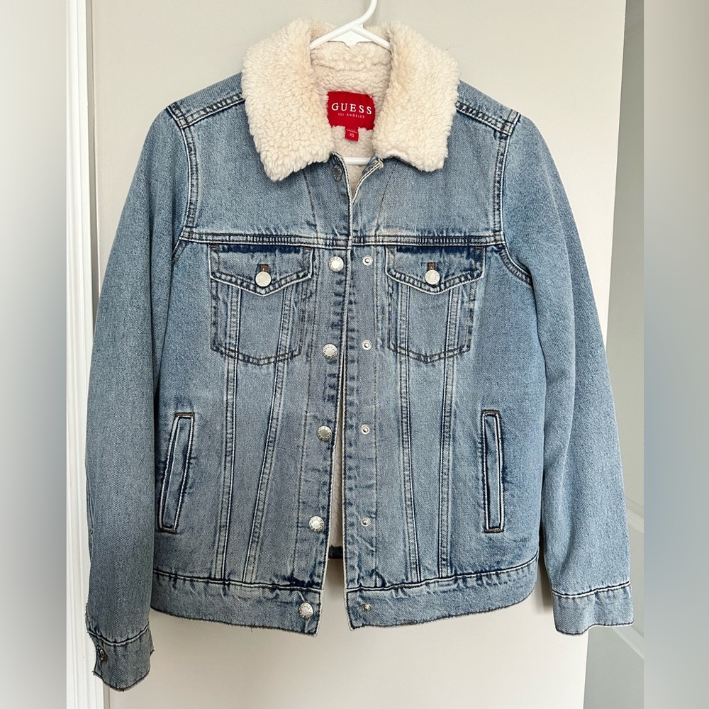 GUESS Light Blue Denim Jacket with Cream Shearling Collar & Interior